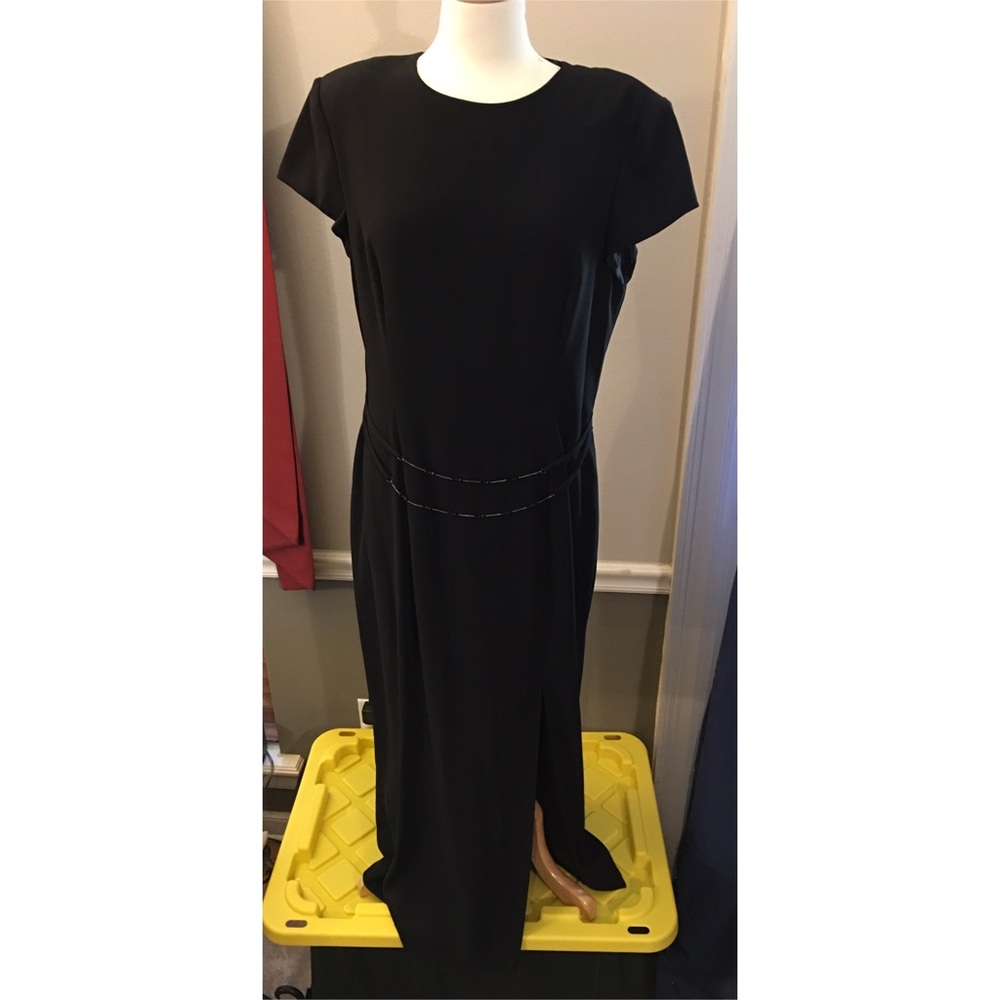 David Warren Elegant Black Cap-Sleeve Maxi Dress w- crystal bead waist detail